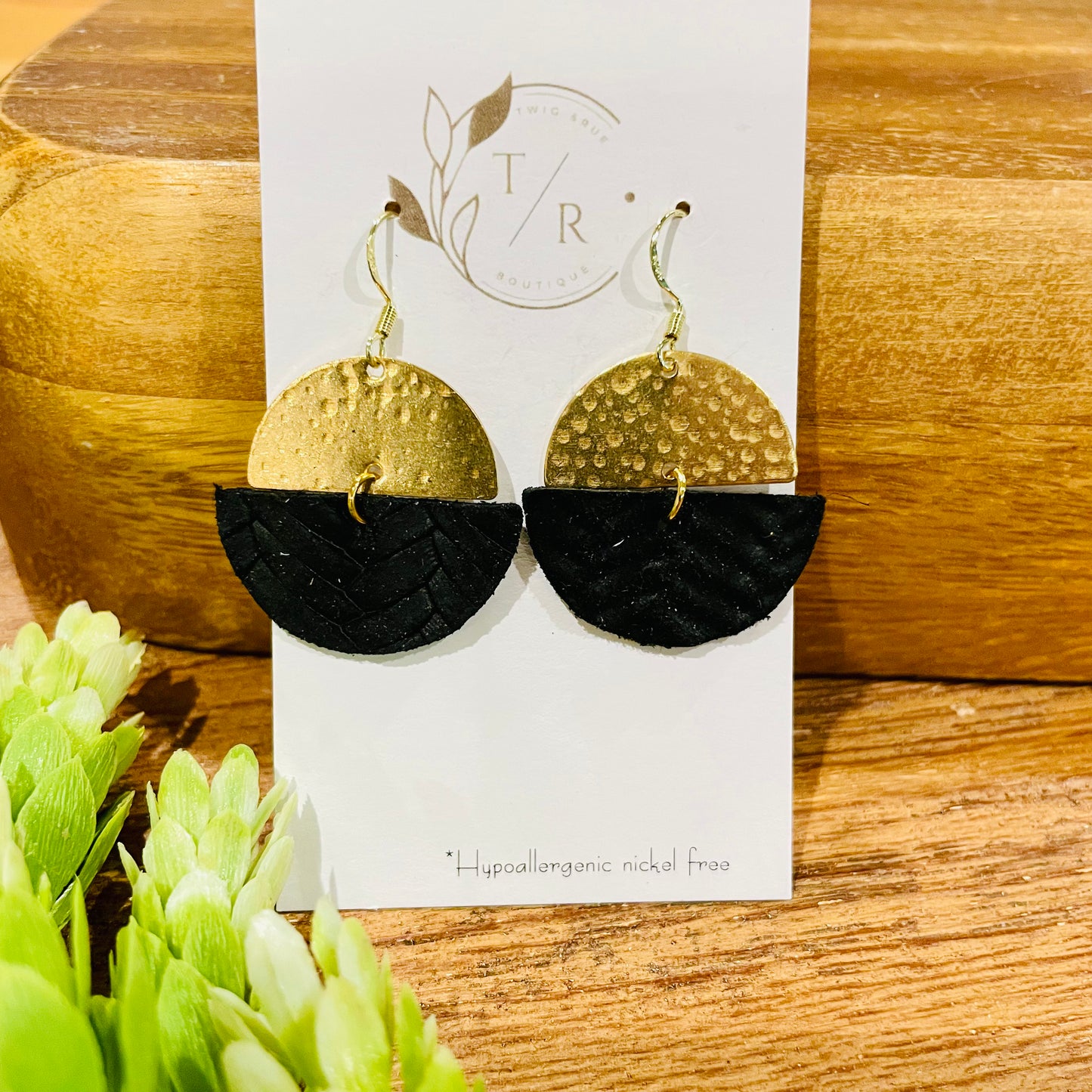 Twig and Rue Hammered Black Leather Earrings