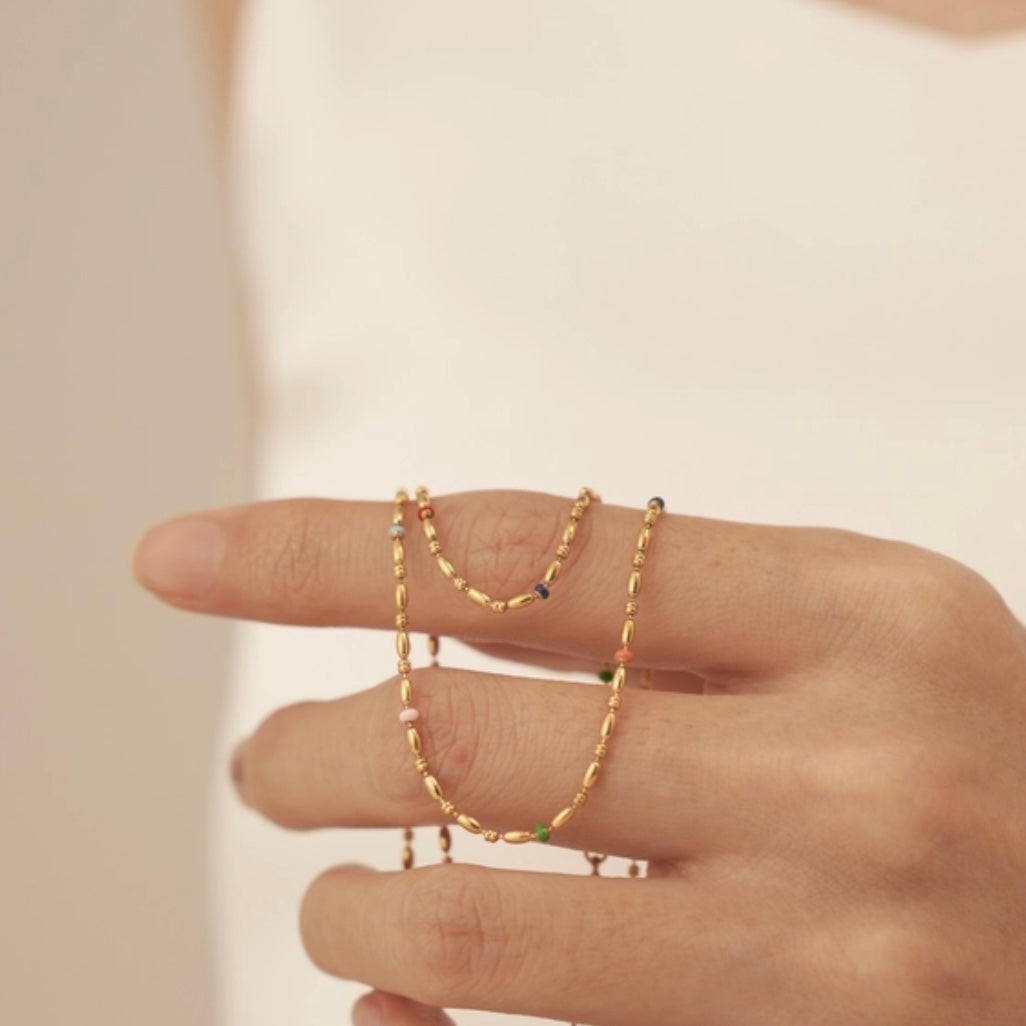 Gold Bar Necklace with Rainbow Beading