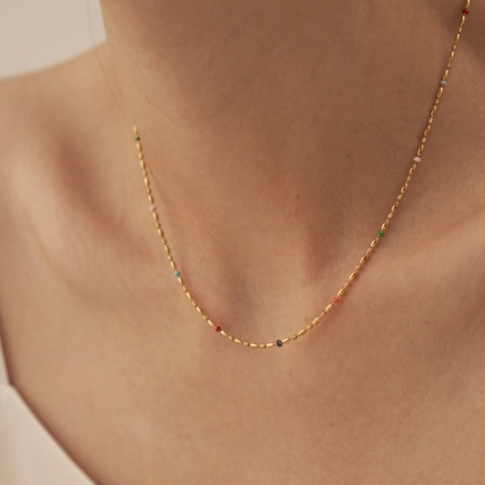 Gold Bar Necklace with Rainbow Beading