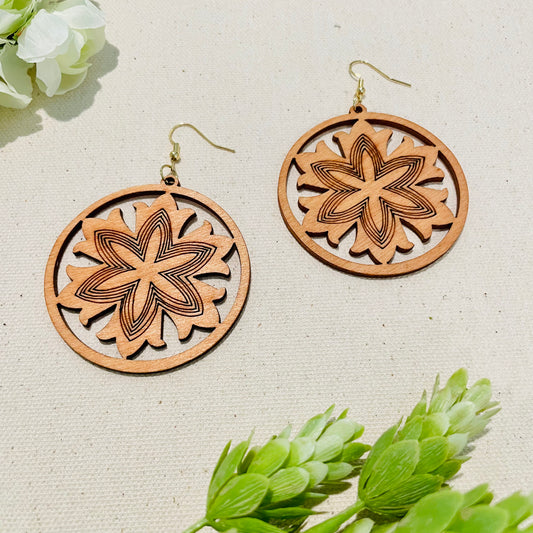 Wood Circle Flower Earrings
