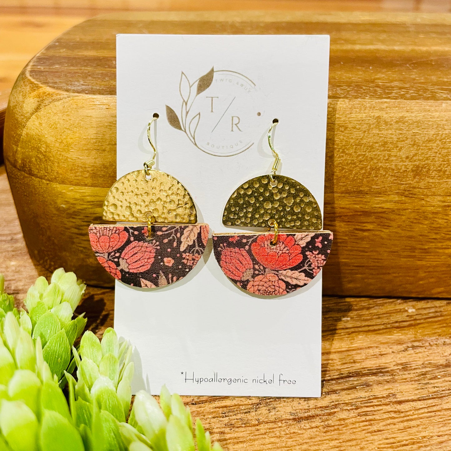 Twig and Rue Hammered Floral Leather Earrings