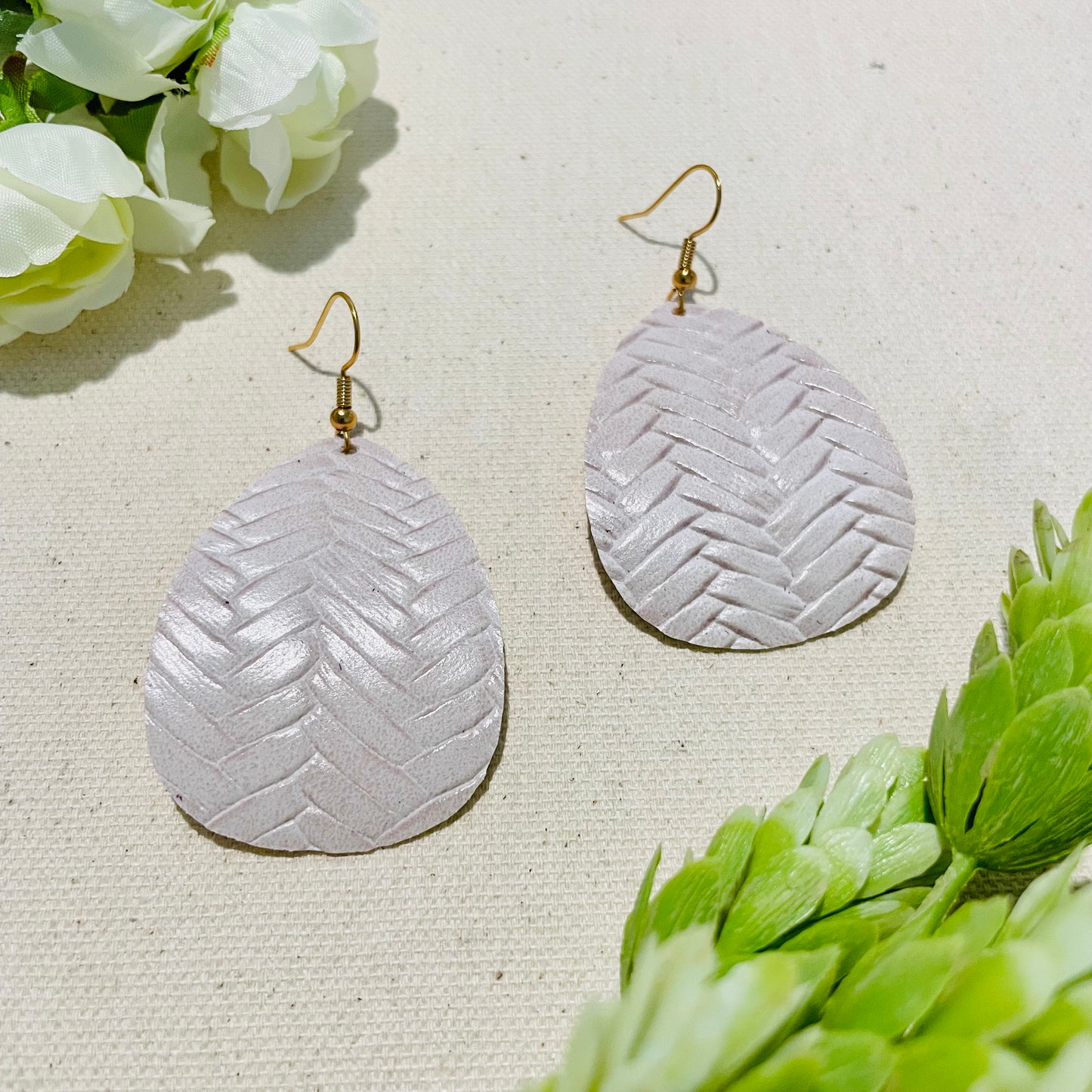 Cream Teardrop Leather Teardrop Earrings